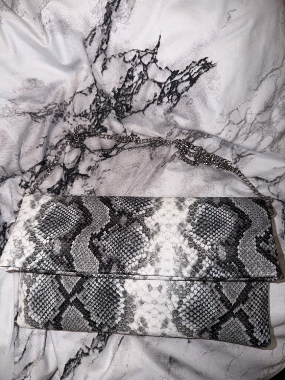 Express Snakeskin-Pattern Chain Clutch in Gray and Black